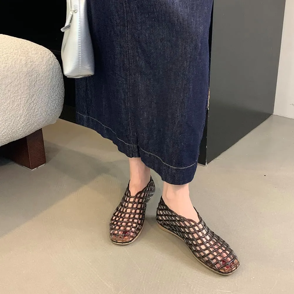 Jelly Mesh Ballet Flats for Women Jelly Shoes Women 2025 Newly Adult Clear Hollow Jelly Flat Sandals Lightweight Breathable Summer Beach Ballerina