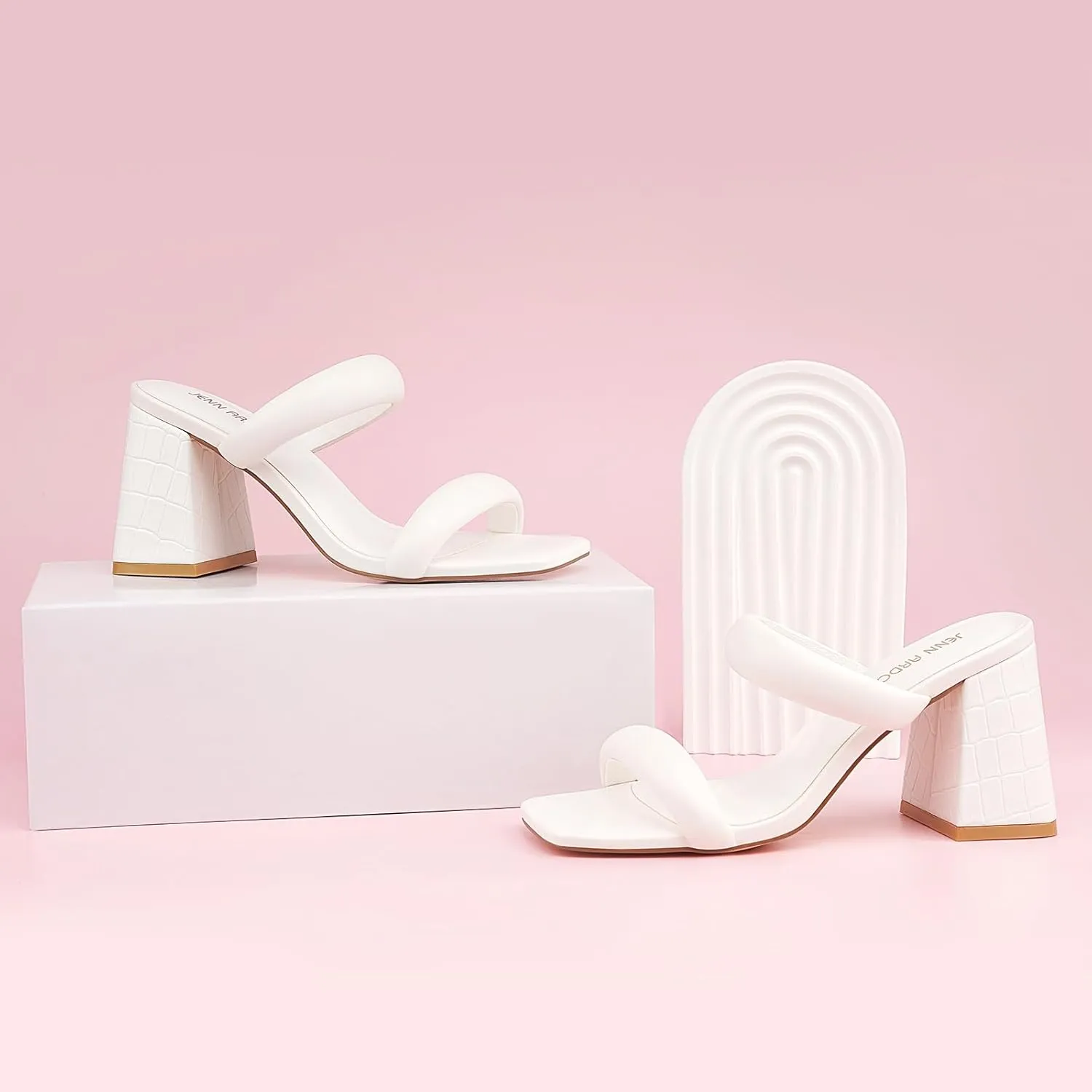 JENN ARDOR Womens Chunky Heeled Mule Sandals Square Toe Block Heels Two Braid Strap Backless Pumps Dressy Sandals