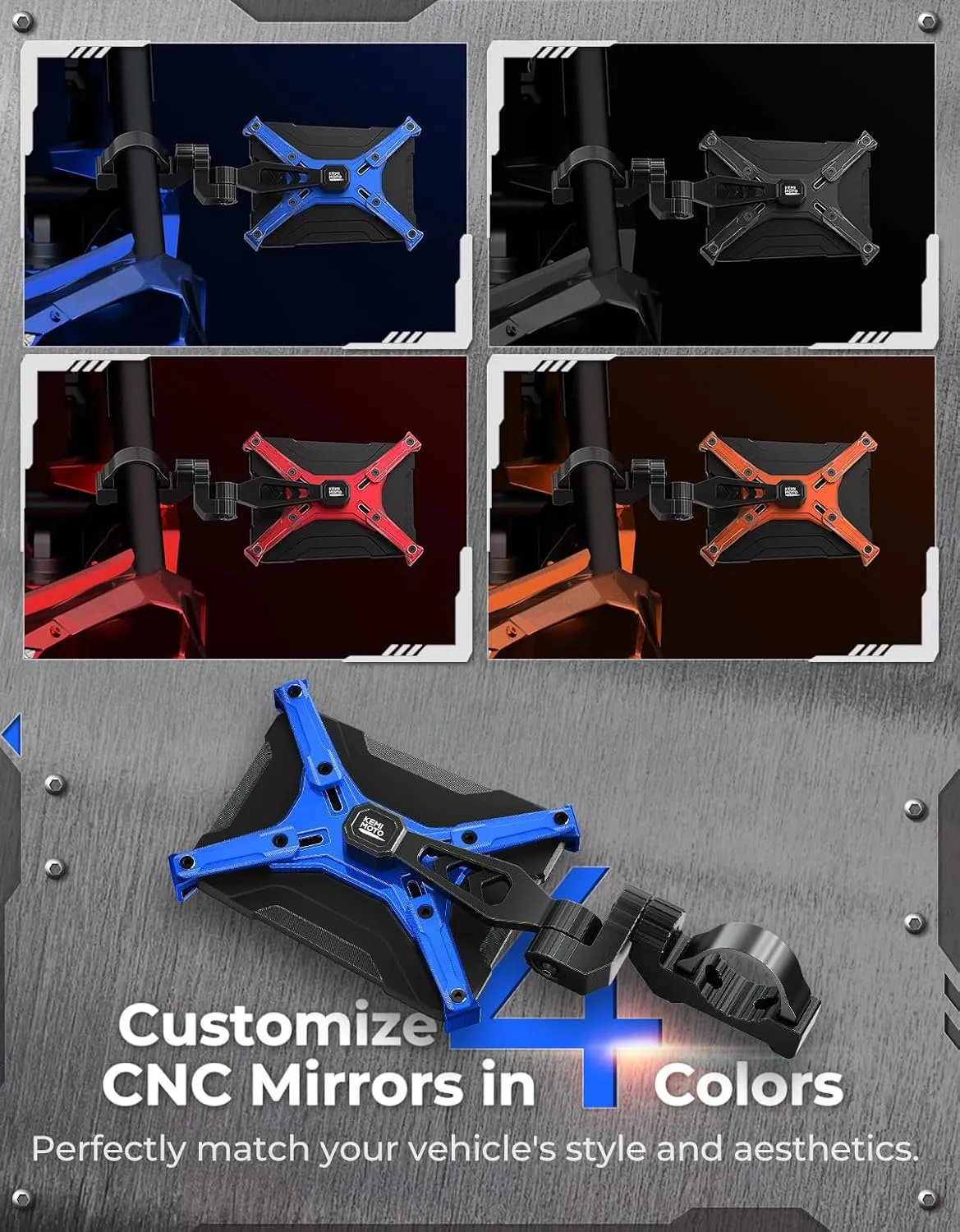 KEMIMOTO Billet Aluminum UTV Side Mirrors For 1.65"-2" Roll Cage Bar Compatible with Polaris RZR Can Am Maverick X3 Talon Teryx Mule SXS Side View Mirror Blue