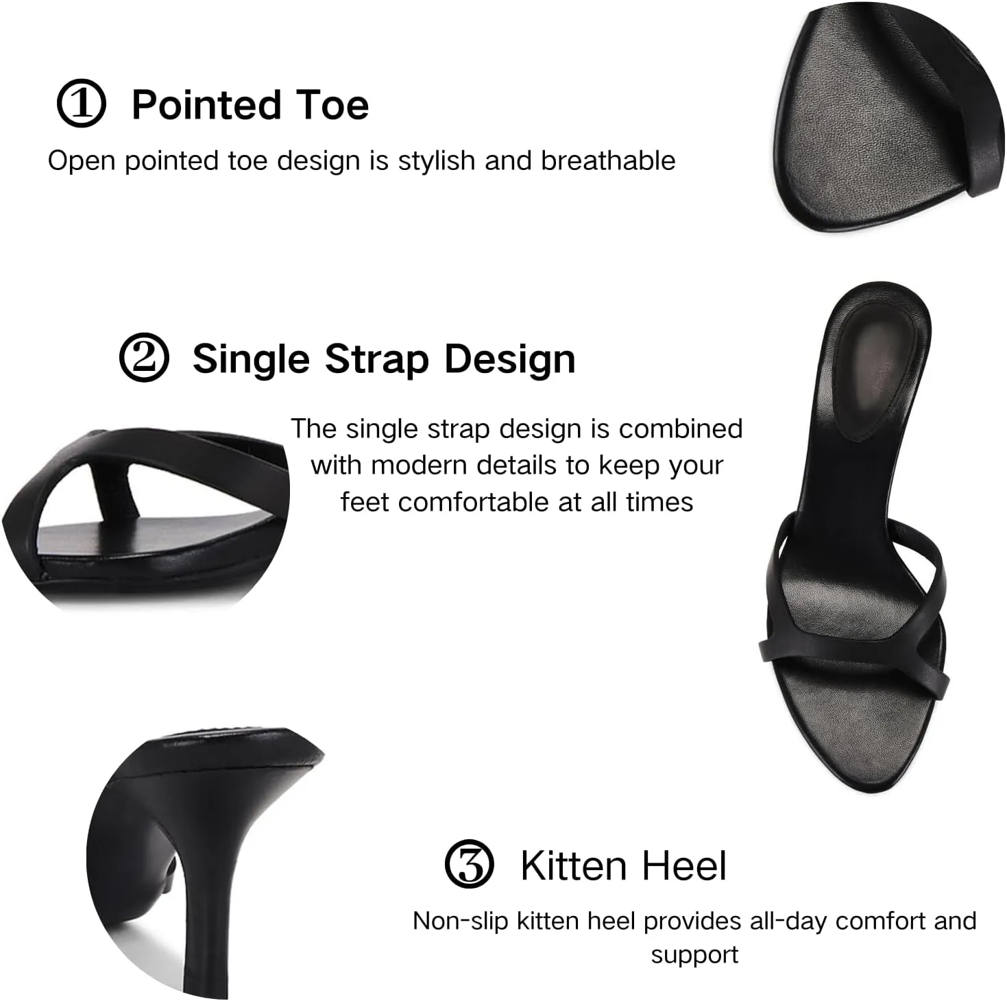 Kitten Heels for Women Single Strap Low Heel Open Toe Mule Shoes Non Slip Sandals