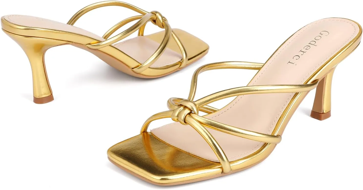 Kitten Strappy Heels for Women Knotted Square Open Toe Slip On Mule Heels Mid Heeled Sandals