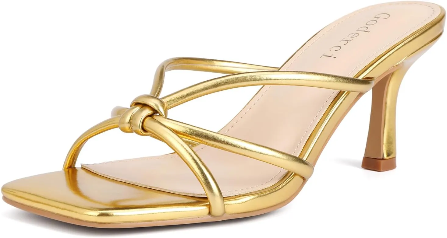 Kitten Strappy Heels for Women Knotted Square Open Toe Slip On Mule Heels Mid Heeled Sandals