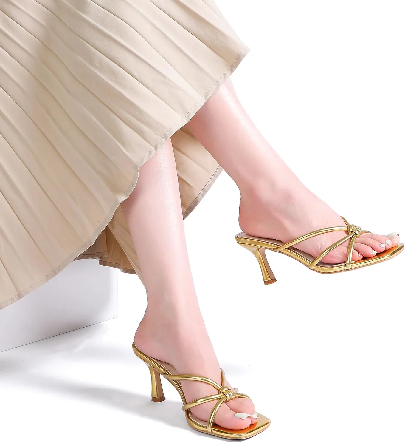 Kitten Strappy Heels for Women Knotted Square Open Toe Slip On Mule Heels Mid Heeled Sandals