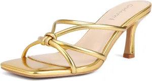Kitten Strappy Heels for Women Knotted Square Open Toe Slip On Mule Heels Mid Heeled Sandals