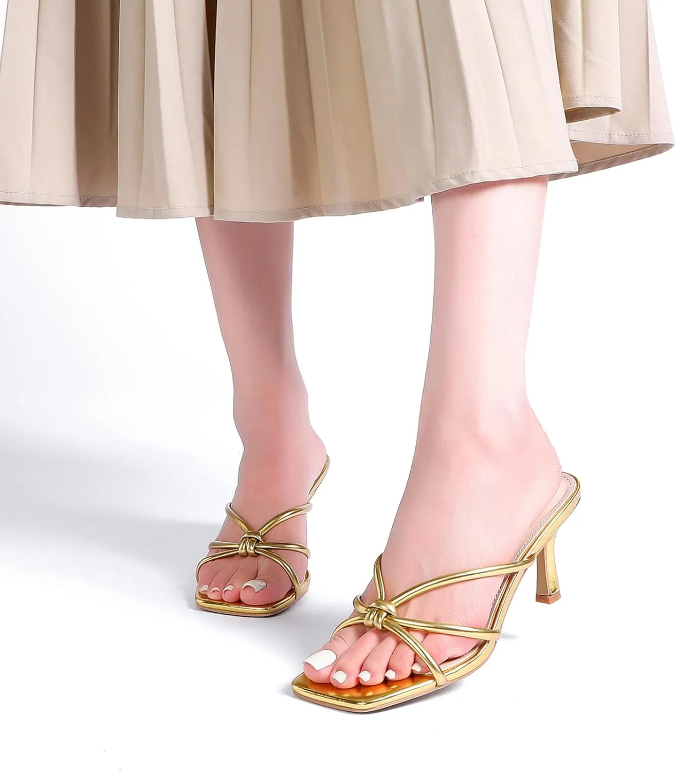 Kitten Strappy Heels for Women Knotted Square Open Toe Slip On Mule Heels Mid Heeled Sandals