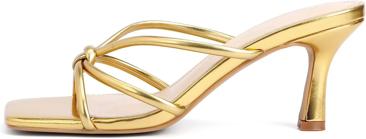 Kitten Strappy Heels for Women Knotted Square Open Toe Slip On Mule Heels Mid Heeled Sandals