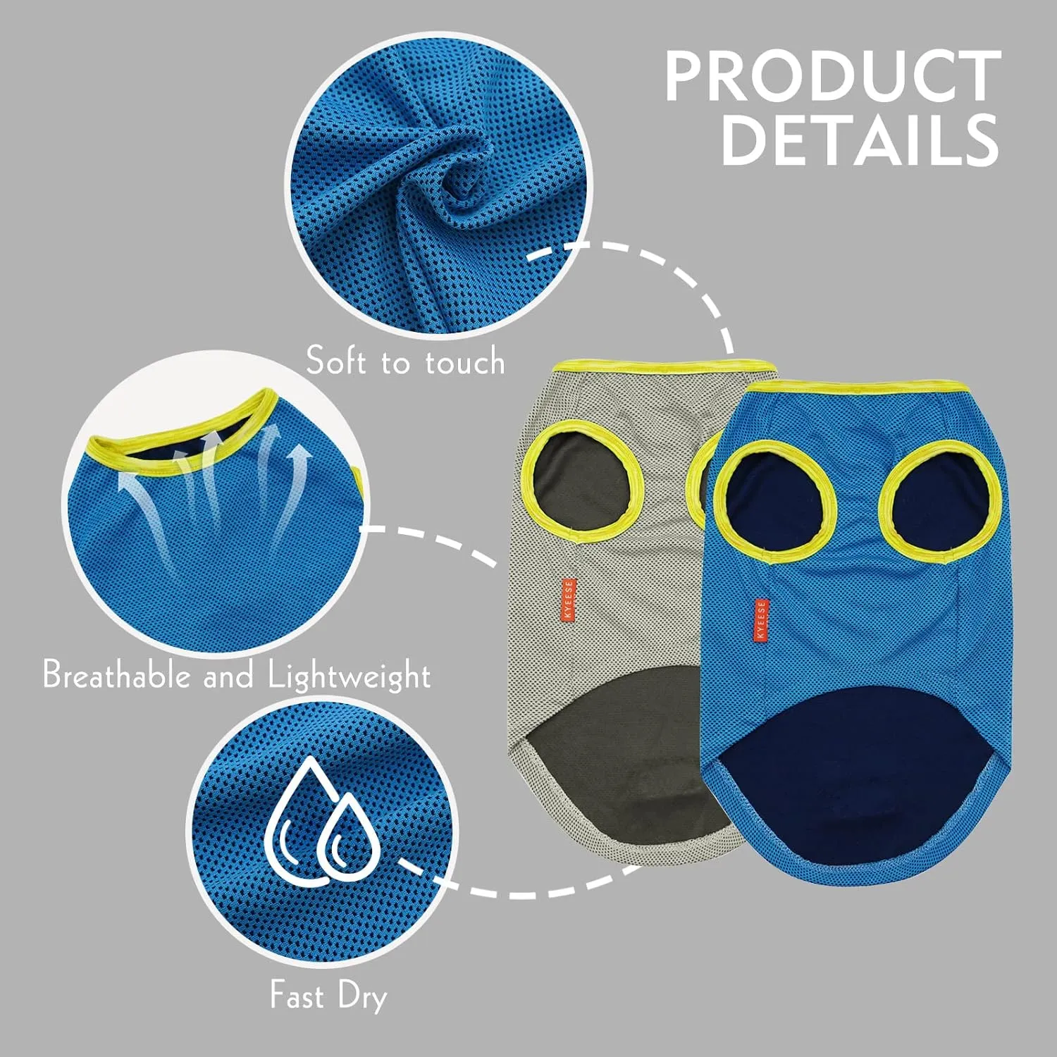 KYEESE 2 Pack Dog Cooling Shirts - Breathable Instant Cooling Vests, Lightweight for Summer Dog Apparel, Blue Grey, Medium