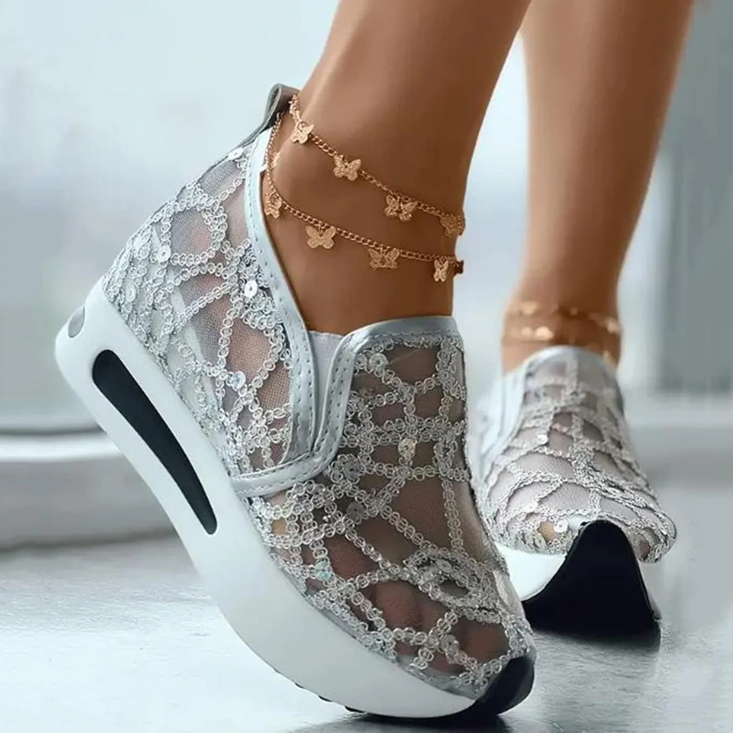 Ladies Fashion Breathable Knitted Mesh Pointed Flat Bottomed Casual Single Shoes Wedges Wide Feet