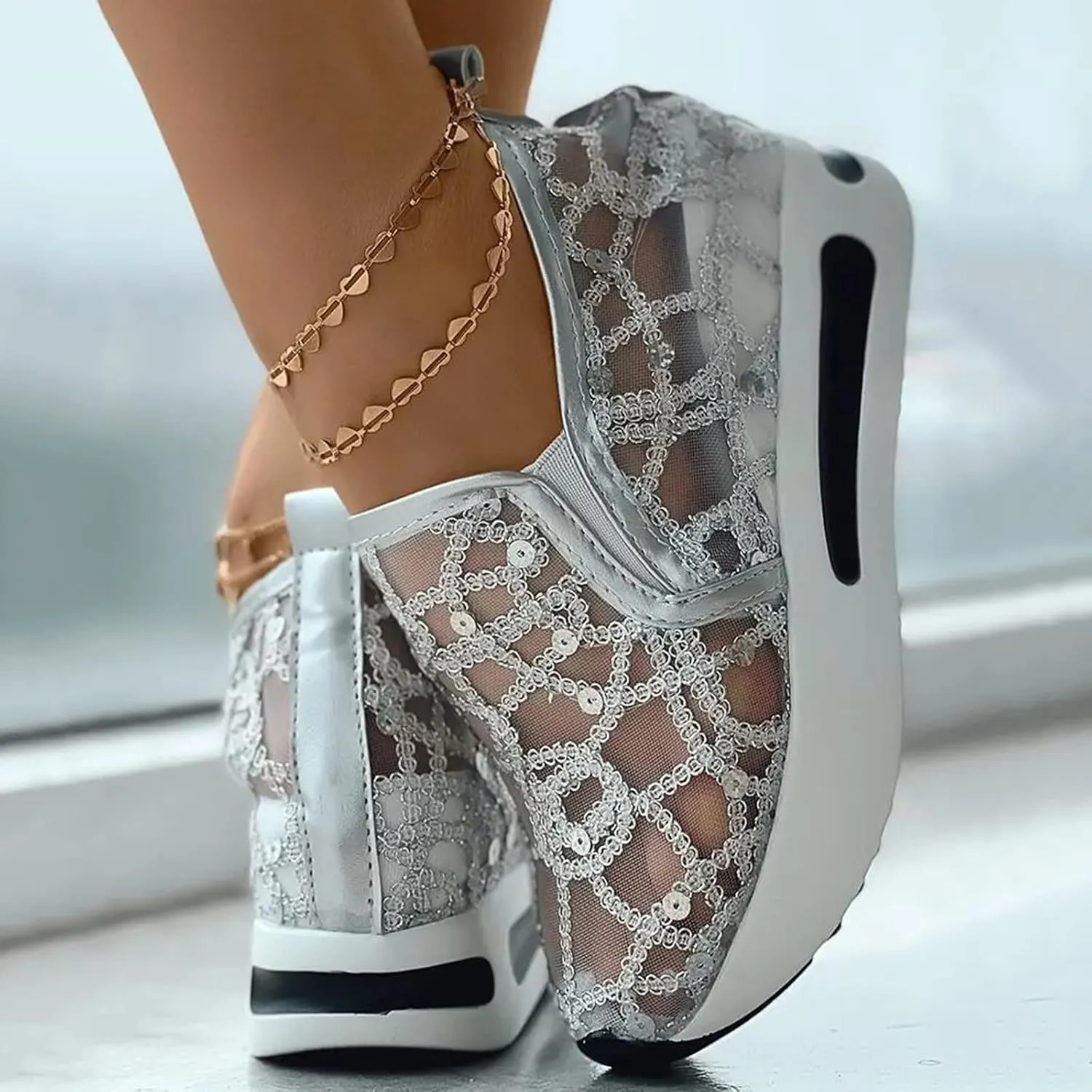 Ladies Fashion Breathable Knitted Mesh Pointed Flat Bottomed Casual Single Shoes Wedges Wide Feet