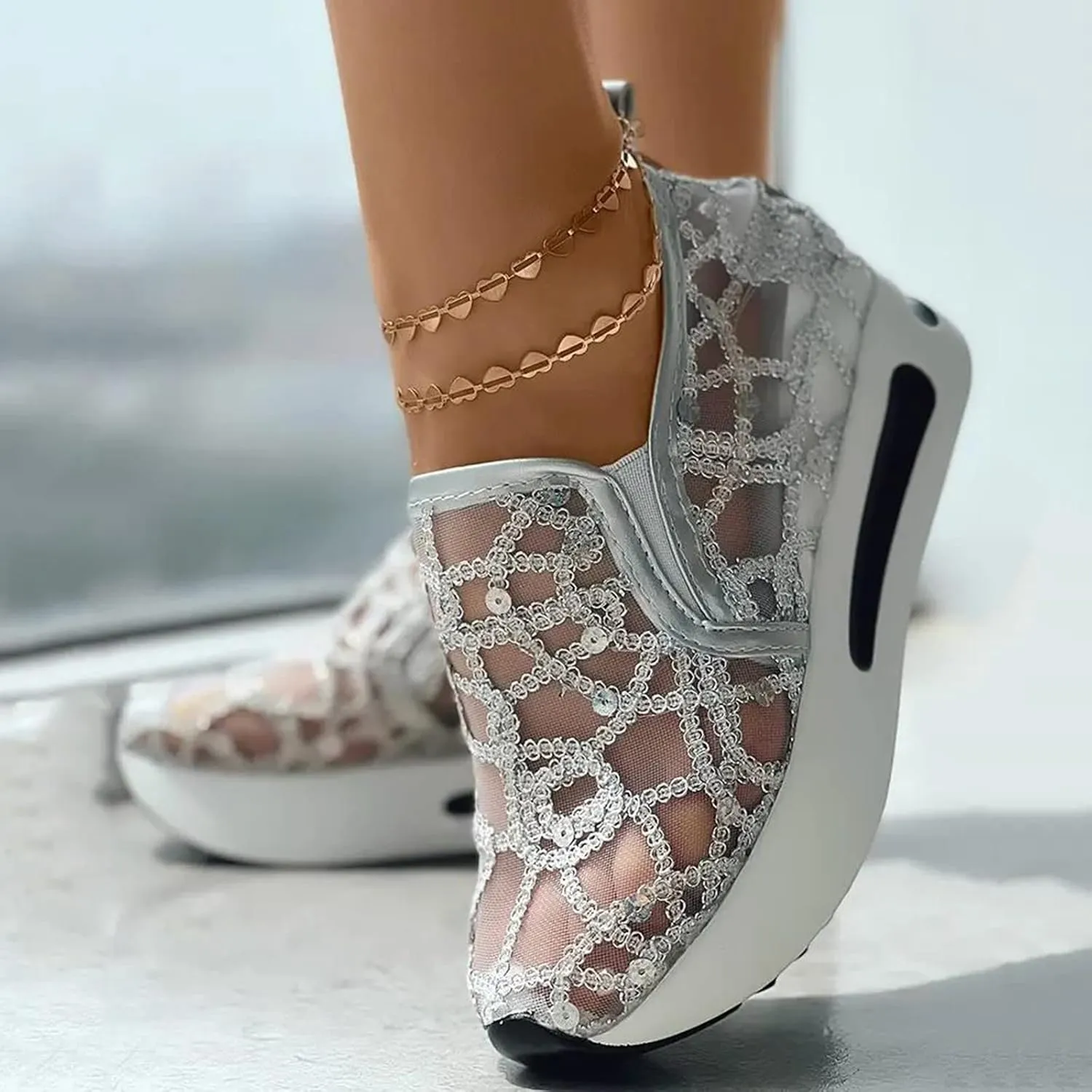 Ladies Fashion Breathable Knitted Mesh Pointed Flat Bottomed Casual Single Shoes Wedges Wide Feet