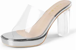 LALA IKAI Women's Clear Heels Platform Slip On Open Toe Heels Sandals Gold Nude Sliver Chunky Block Heeled Slipper Dress Shoes