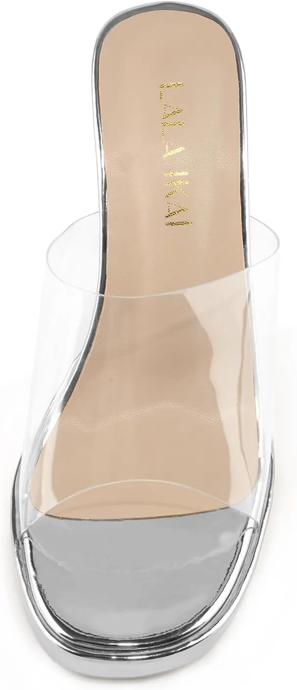 LALA IKAI Women's Clear Heels Platform Slip On Open Toe Heels Sandals Gold Nude Sliver Chunky Block Heeled Slipper Dress Shoes