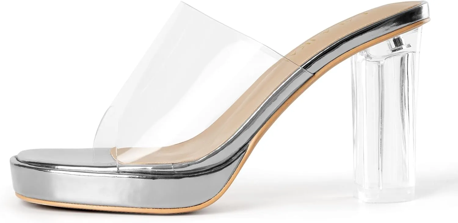 LALA IKAI Women's Clear Heels Platform Slip On Open Toe Heels Sandals Gold Nude Sliver Chunky Block Heeled Slipper Dress Shoes