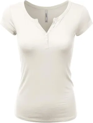LALABEE Women's Deep V-Neck Short Sleeve Basic Henley Button T-Shirt for Women