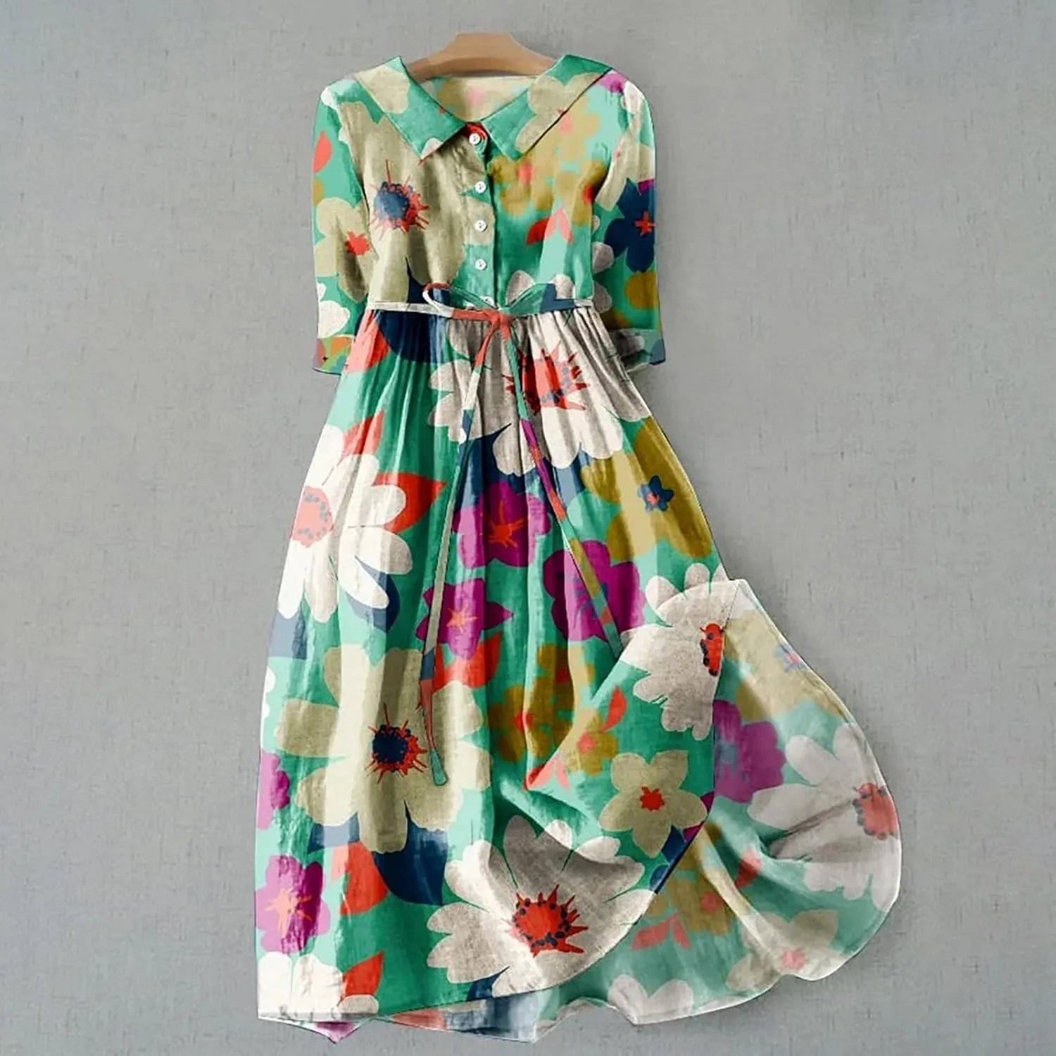 Lastesso Dresses for Women 2024 Casual Button Down Tie Knot Short Sleeve Maxi Dresses Cute Flower Printing Long Dresses