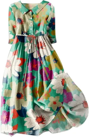Lastesso Dresses for Women 2024 Casual Button Down Tie Knot Short Sleeve Maxi Dresses Cute Flower Printing Long Dresses