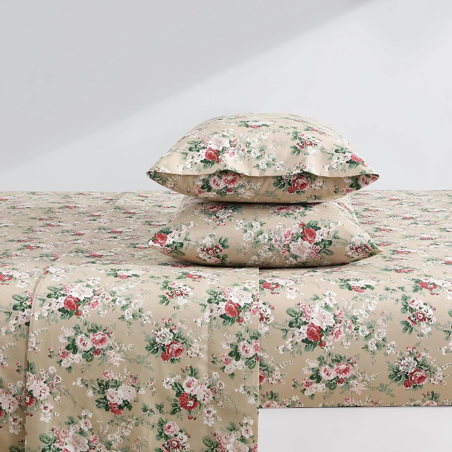Laura Ashley - King Sheets, Cotton Percale Bedding Set, Lightweight & Breathable Home Decor (Ashfield Beige, King)