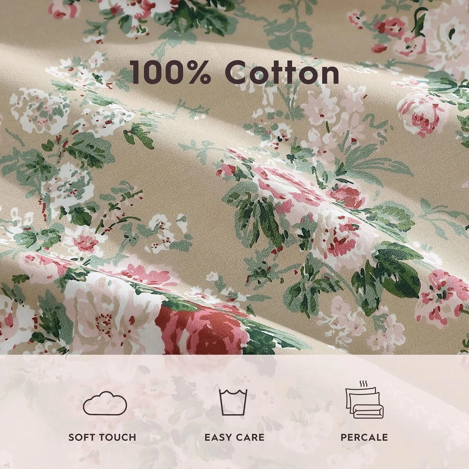 Laura Ashley - King Sheets, Cotton Percale Bedding Set, Lightweight & Breathable Home Decor (Ashfield Beige, King)
