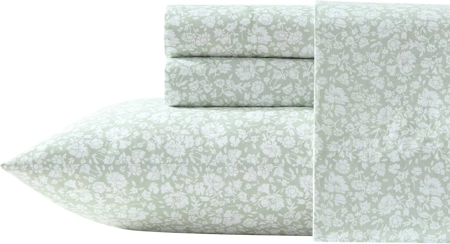 Laura Ashley - Sheets, Cotton Percale Bedding Set, Lightweight & Breathable Room Essentials (Heirloom Ditzy Green, Queen)