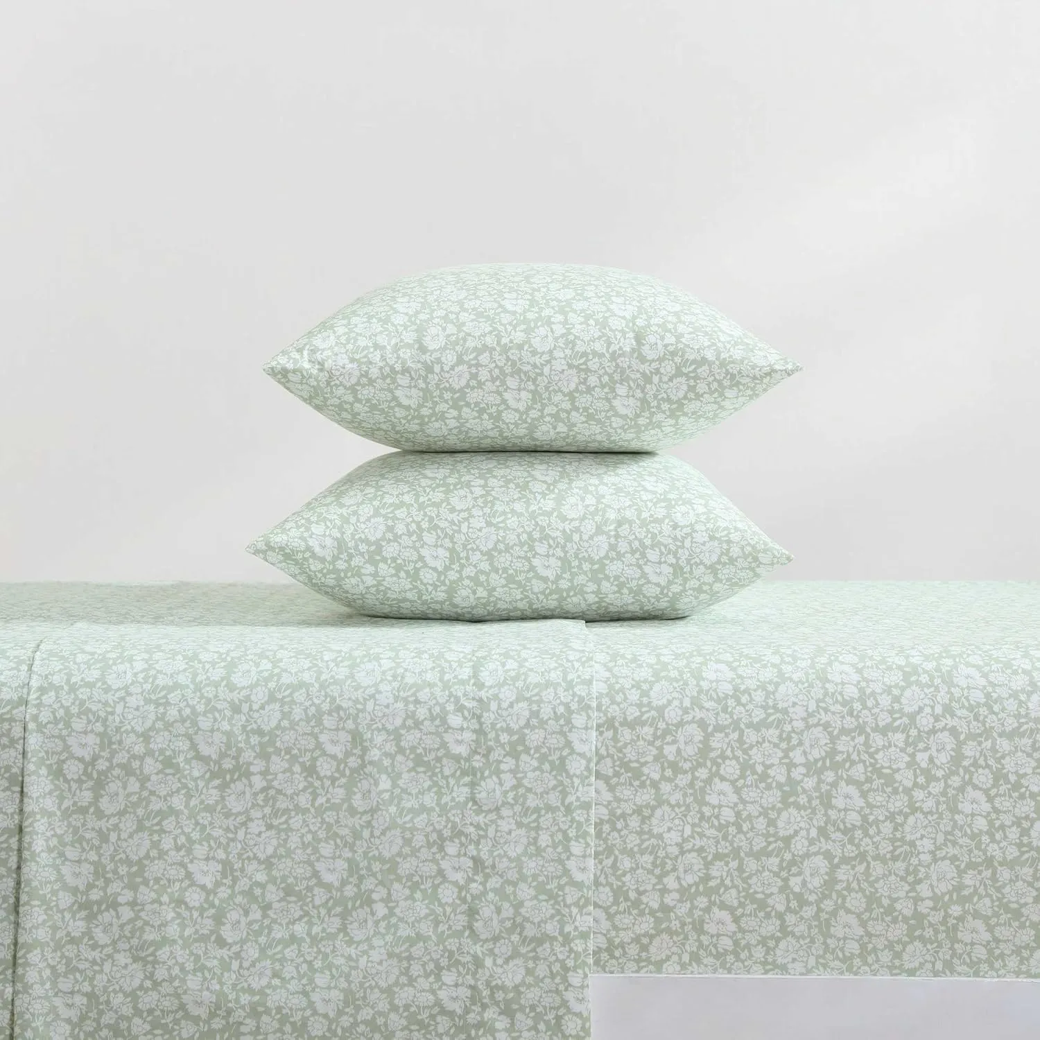Laura Ashley - Sheets, Cotton Percale Bedding Set, Lightweight & Breathable Room Essentials (Heirloom Ditzy Green, Queen)