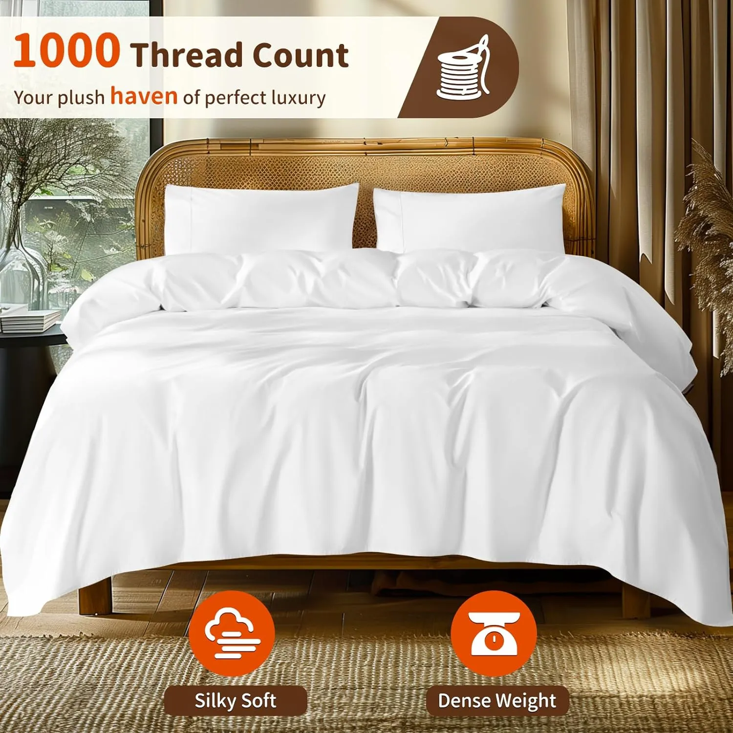 LBRO2M 1000 Thread Count 100% Egyptian Cotton Sheets Set,King Size Bed Sheet 4 Piece Sets,Long Staple,16 Inches Deep Pocket,All Season,Bedding Super Soft Breathable,Sateen Weave(White)