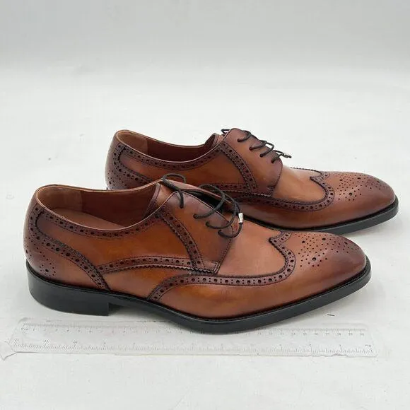 Leizilei Men's Brown Round Toe Brogue Genuine Leather Lace-Up Dress Oxfords
