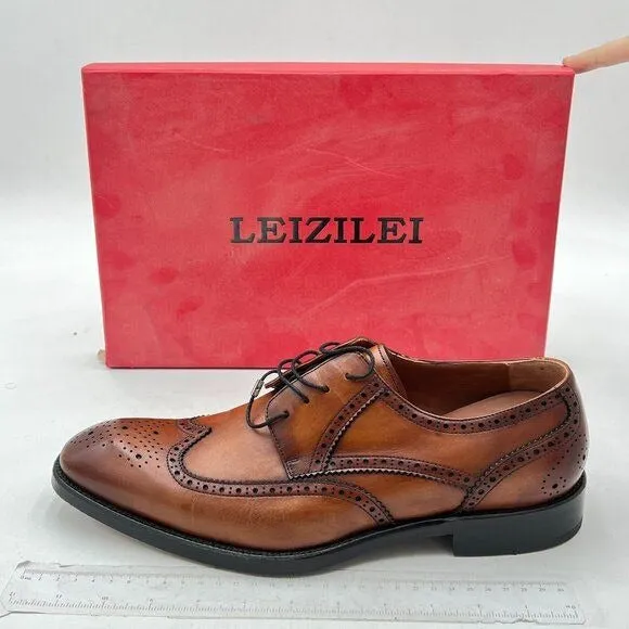 Leizilei Men's Brown Round Toe Brogue Genuine Leather Lace-Up Dress Oxfords