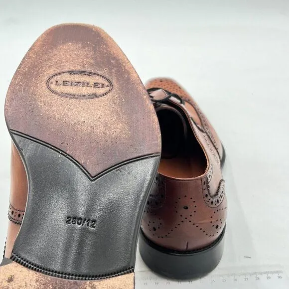 Leizilei Men's Brown Round Toe Brogue Genuine Leather Lace-Up Dress Oxfords