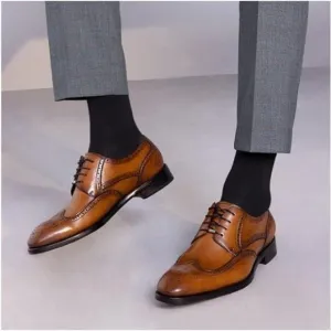 Leizilei Men's Brown Round Toe Brogue Genuine Leather Lace-Up Dress Oxfords