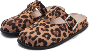 Leopard Faux Calf Hair Mules for Women Round Toe Buckle Strap Platform Clogs Footbed Flatform Mule with Arch Support