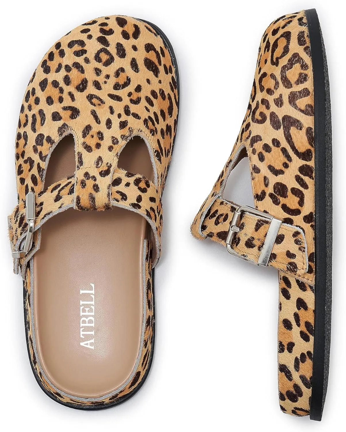 Leopard Faux Calf Hair Mules for Women Round Toe Buckle Strap Platform Clogs Footbed Flatform Mule with Arch Support