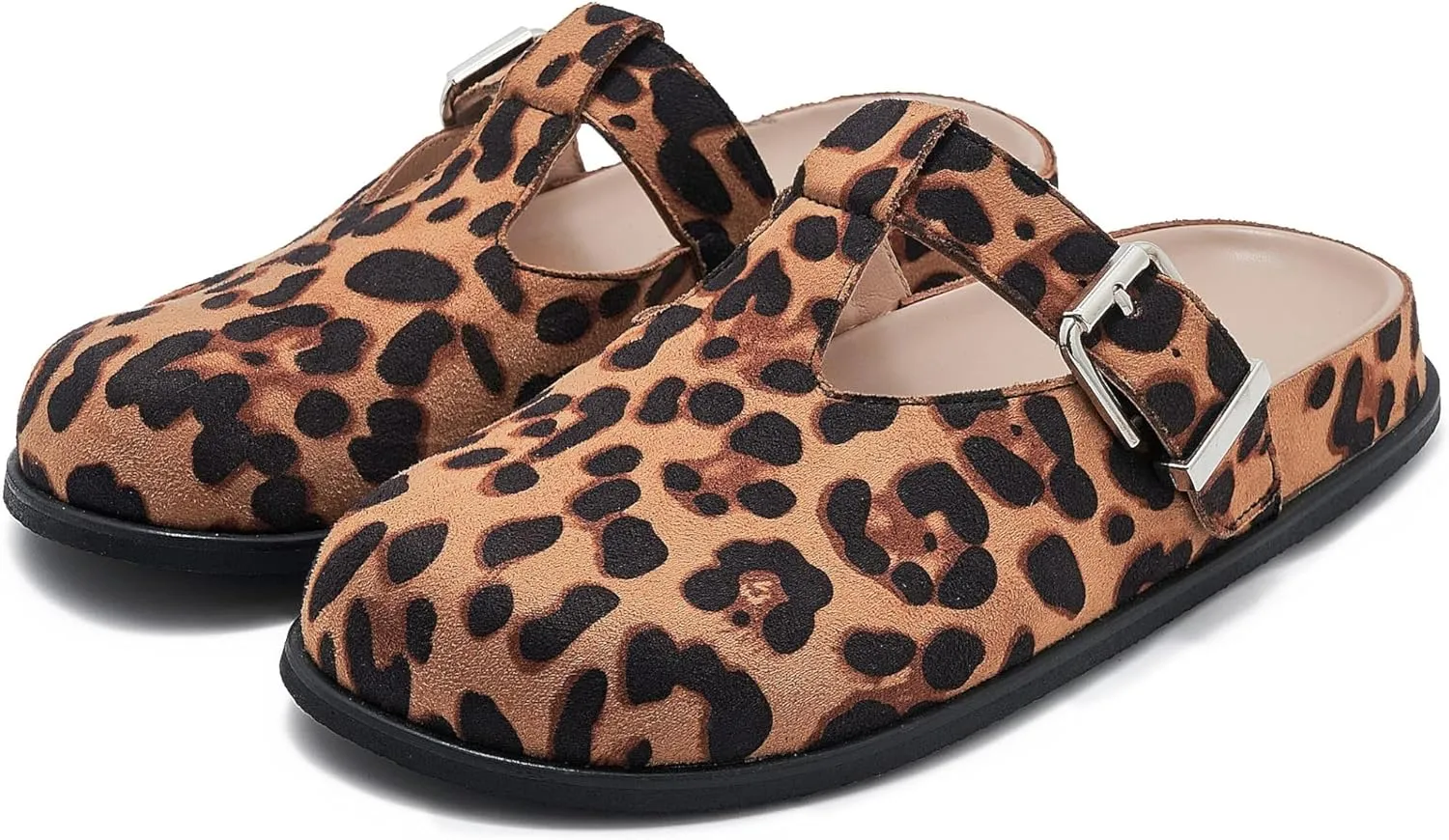 Leopard Faux Calf Hair Mules for Women Round Toe Buckle Strap Platform Clogs Footbed Flatform Mule with Arch Support