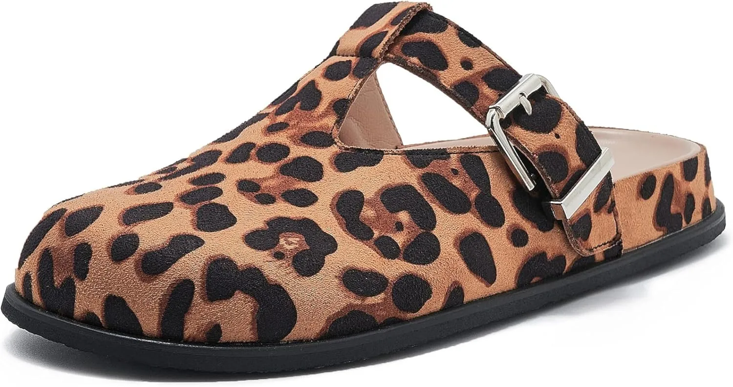 Leopard Faux Calf Hair Mules for Women Round Toe Buckle Strap Platform Clogs Footbed Flatform Mule with Arch Support