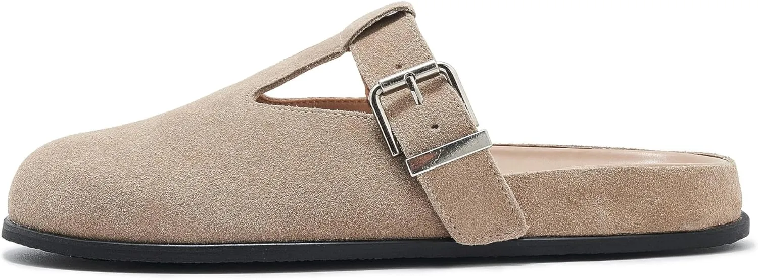 Leopard Faux Calf Hair Mules for Women Round Toe Buckle Strap Platform Clogs Footbed Flatform Mule with Arch Support