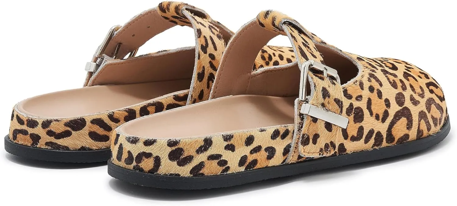 Leopard Faux Calf Hair Mules for Women Round Toe Buckle Strap Platform Clogs Footbed Flatform Mule with Arch Support
