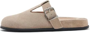 Leopard Faux Calf Hair Mules for Women Round Toe Buckle Strap Platform Clogs Footbed Flatform Mule with Arch Support