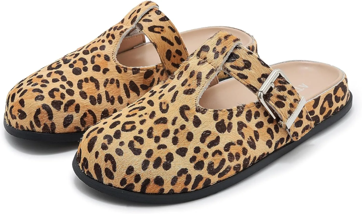 Leopard Faux Calf Hair Mules for Women Round Toe Buckle Strap Platform Clogs Footbed Flatform Mule with Arch Support
