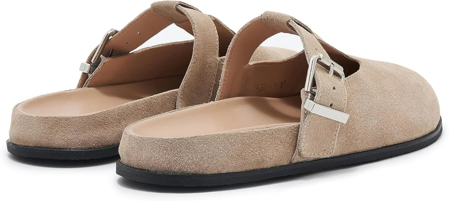 Leopard Faux Calf Hair Mules for Women Round Toe Buckle Strap Platform Clogs Footbed Flatform Mule with Arch Support