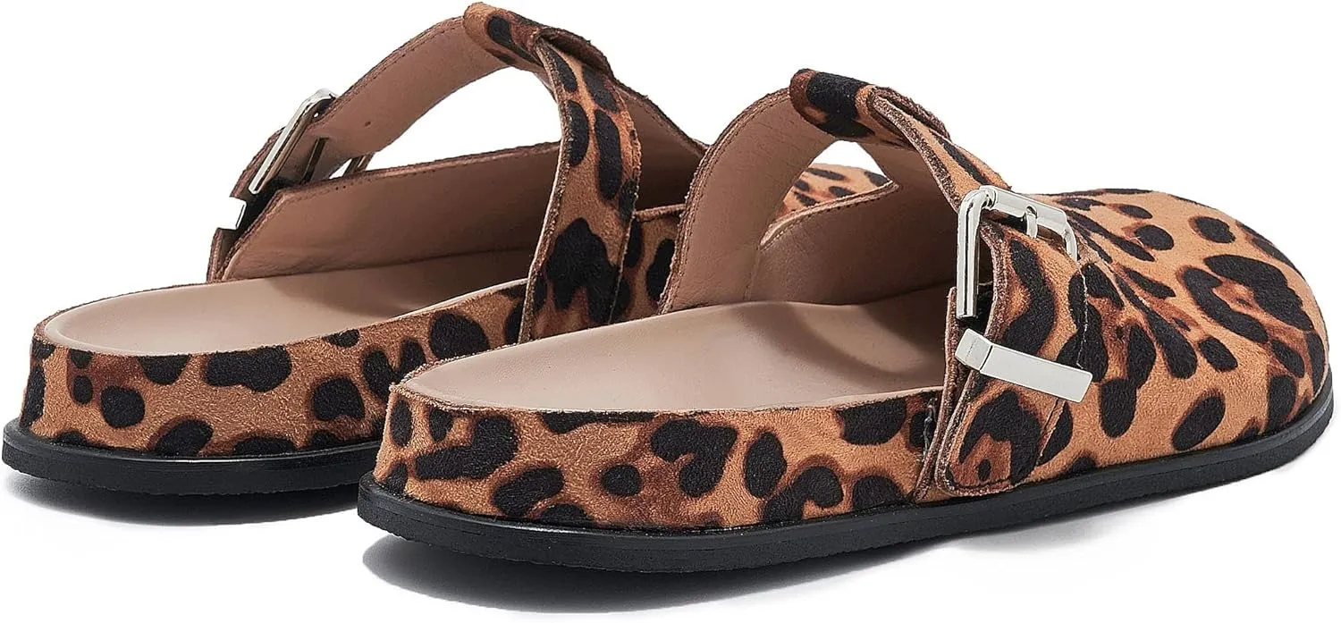 Leopard Faux Calf Hair Mules for Women Round Toe Buckle Strap Platform Clogs Footbed Flatform Mule with Arch Support