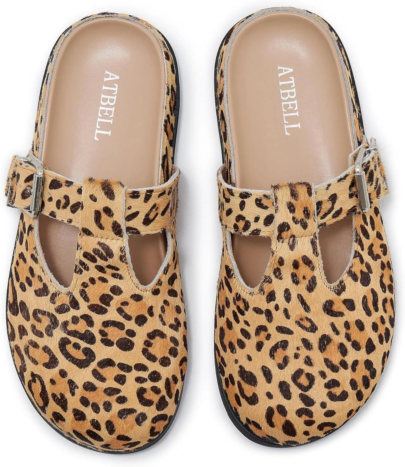 Leopard Faux Calf Hair Mules for Women Round Toe Buckle Strap Platform Clogs Footbed Flatform Mule with Arch Support