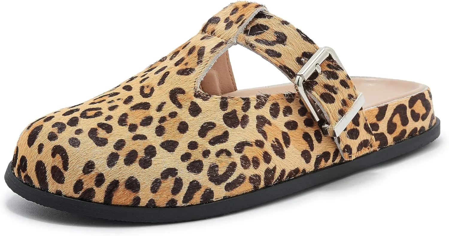 Leopard Faux Calf Hair Mules for Women Round Toe Buckle Strap Platform Clogs Footbed Flatform Mule with Arch Support