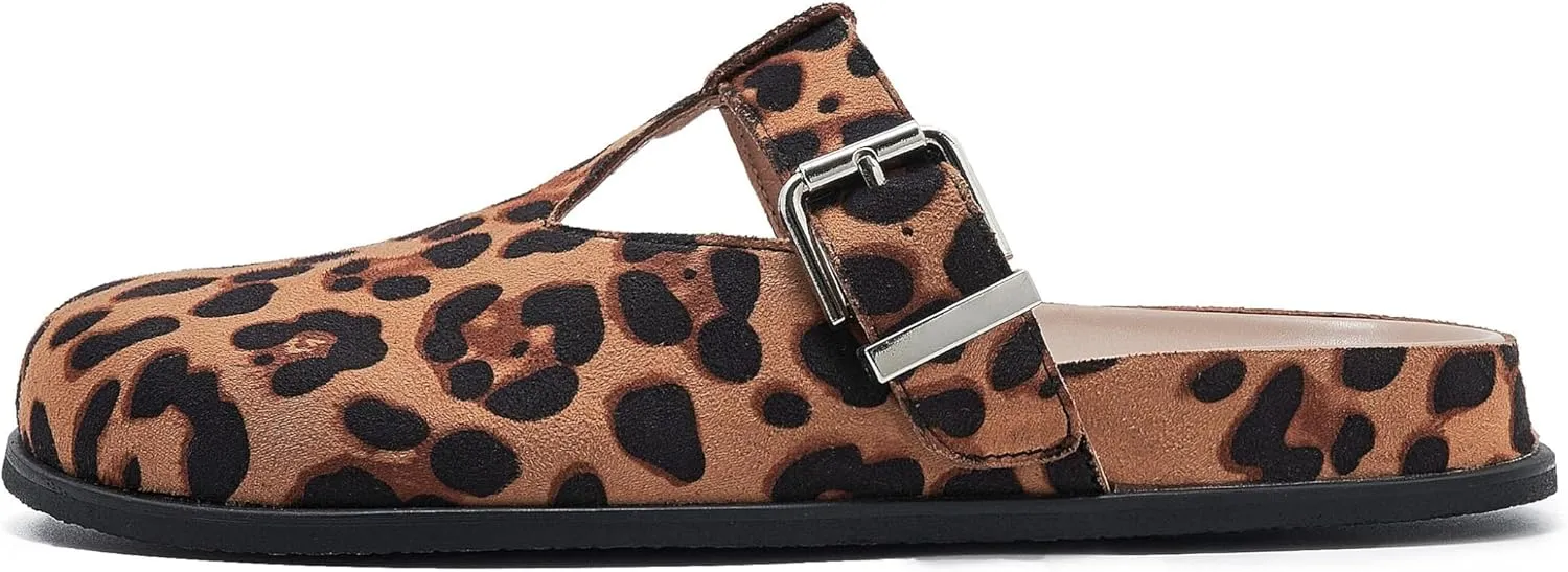 Leopard Faux Calf Hair Mules for Women Round Toe Buckle Strap Platform Clogs Footbed Flatform Mule with Arch Support