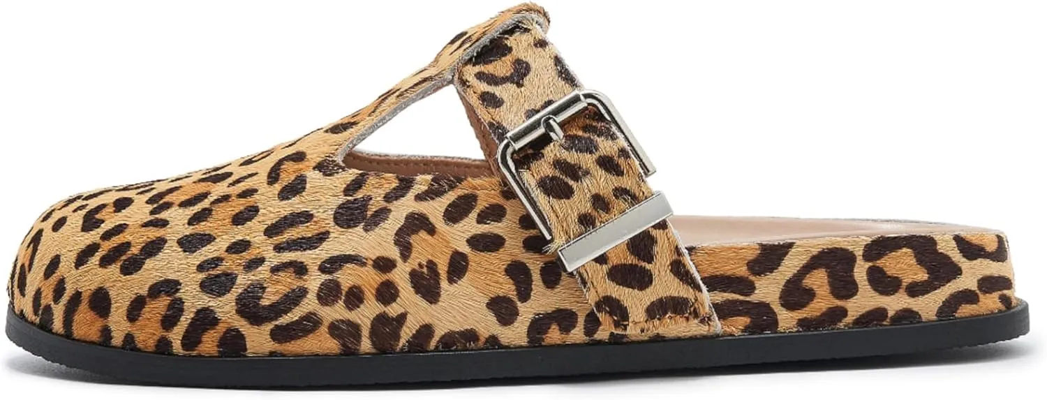 Leopard Faux Calf Hair Mules for Women Round Toe Buckle Strap Platform Clogs Footbed Flatform Mule with Arch Support