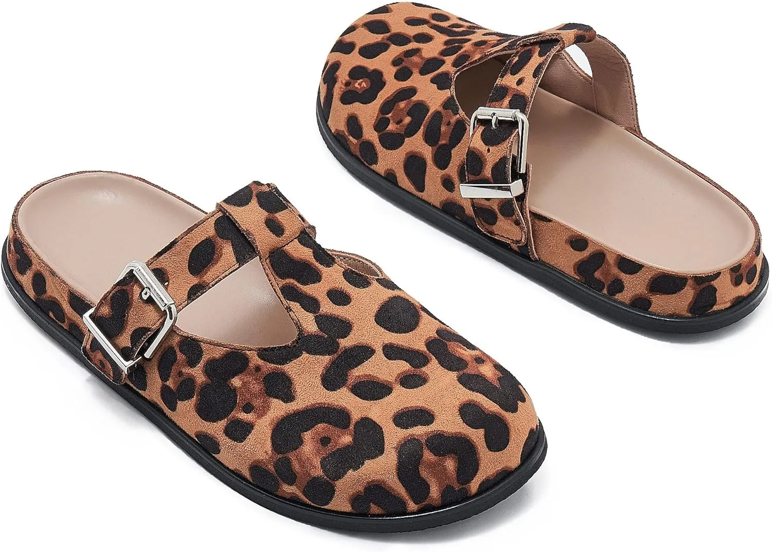 Leopard Faux Calf Hair Mules for Women Round Toe Buckle Strap Platform Clogs Footbed Flatform Mule with Arch Support