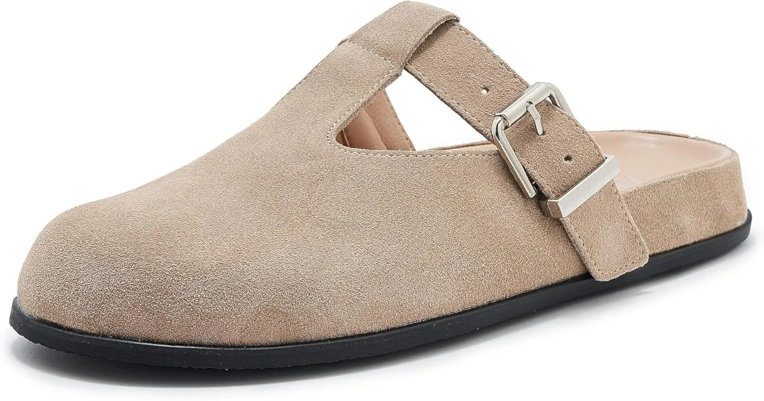 Leopard Faux Calf Hair Mules for Women Round Toe Buckle Strap Platform Clogs Footbed Flatform Mule with Arch Support