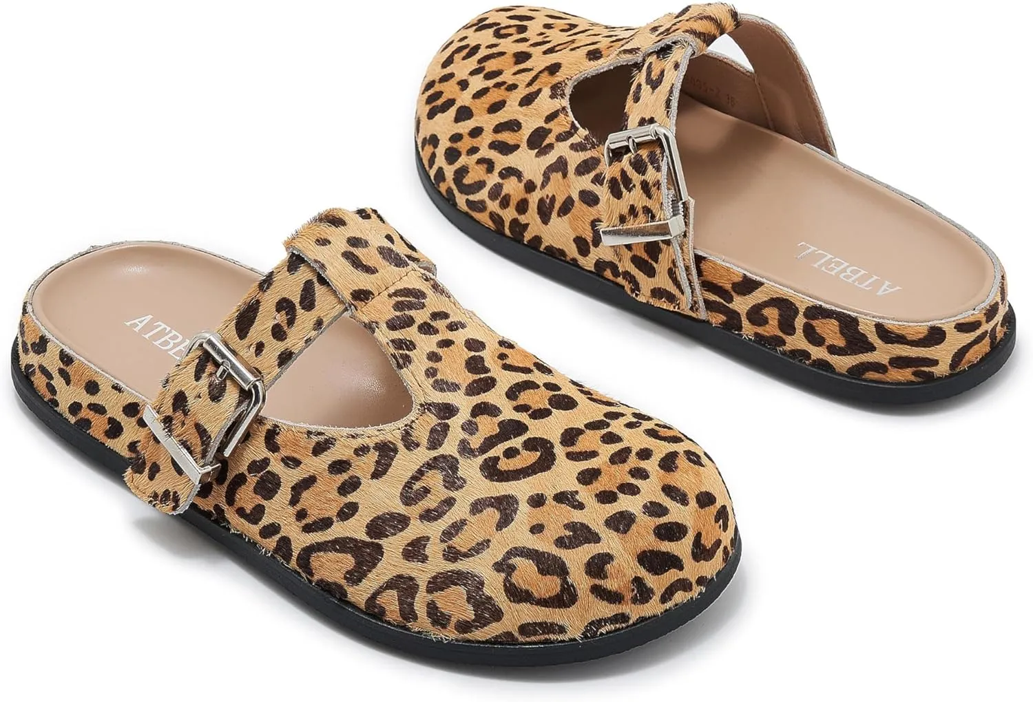 Leopard Faux Calf Hair Mules for Women Round Toe Buckle Strap Platform Clogs Footbed Flatform Mule with Arch Support