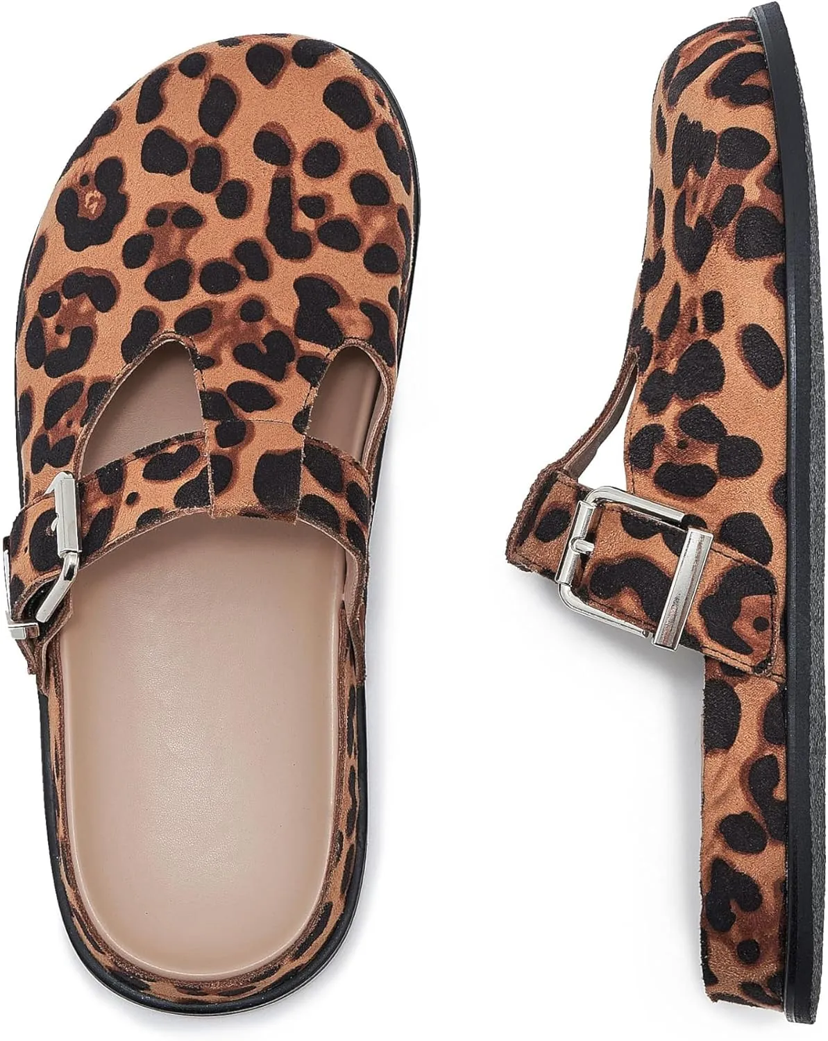 Leopard Faux Calf Hair Mules for Women Round Toe Buckle Strap Platform Clogs Footbed Flatform Mule with Arch Support