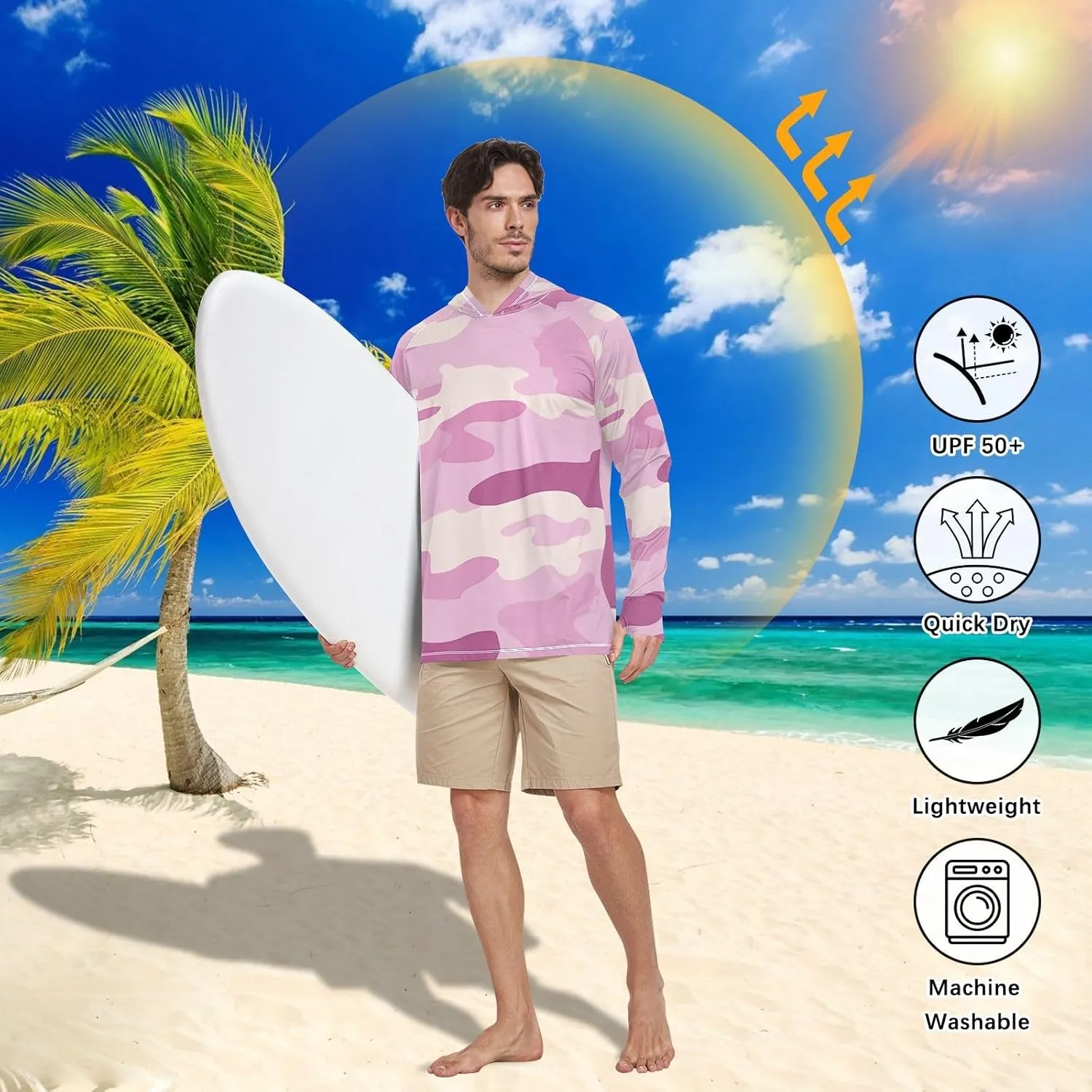 Lilac Camouflage Mens Hoodie Sun Protection Long Sleeve Sun Shirt with Hood UPF 50  Fishing Shirts UV Rash Guard with Hood