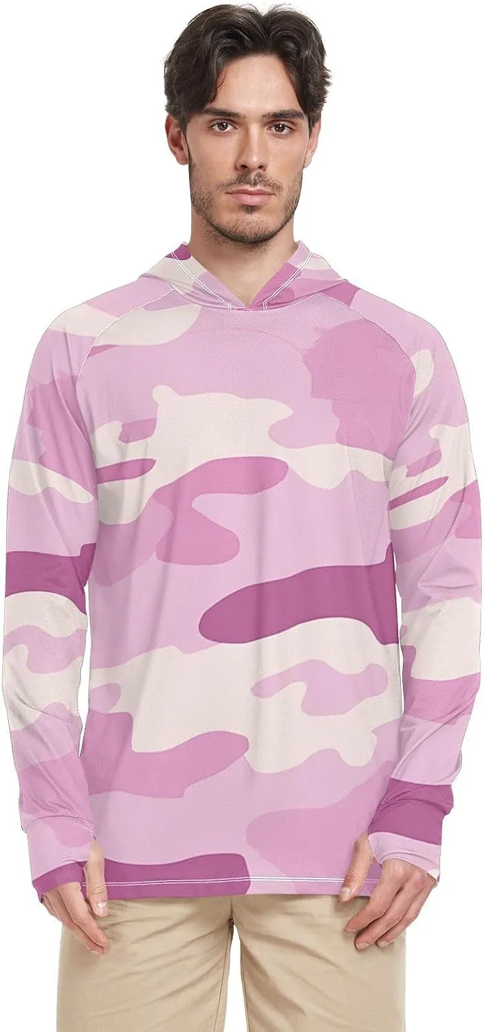 Lilac Camouflage Mens Hoodie Sun Protection Long Sleeve Sun Shirt with Hood UPF 50  Fishing Shirts UV Rash Guard with Hood