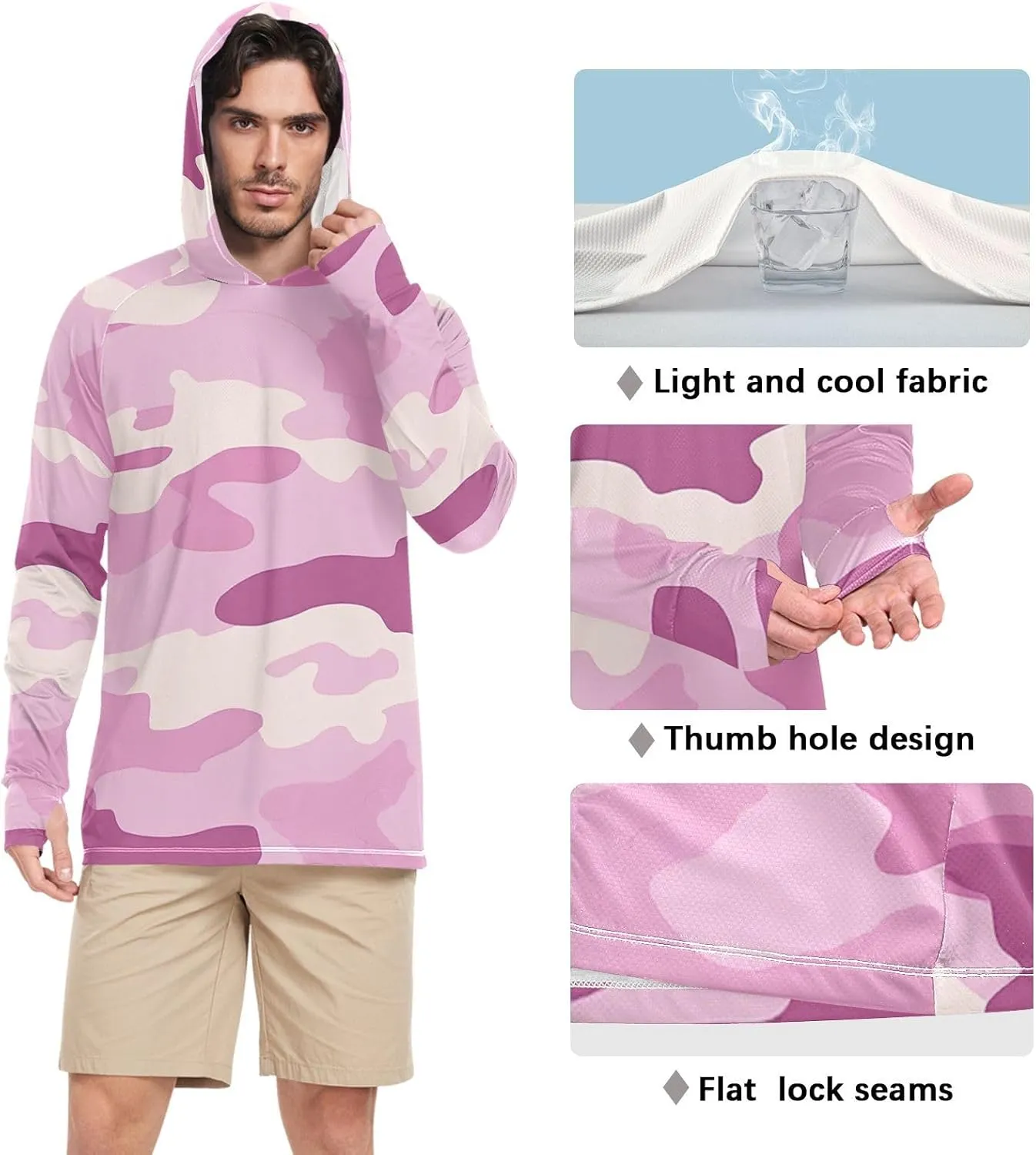 Lilac Camouflage Mens Hoodie Sun Protection Long Sleeve Sun Shirt with Hood UPF 50  Fishing Shirts UV Rash Guard with Hood